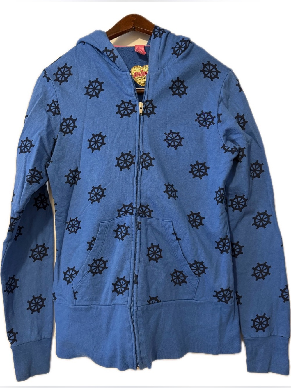 Primp Blue Nautical Wheel Print Zip Hoodie Sz M